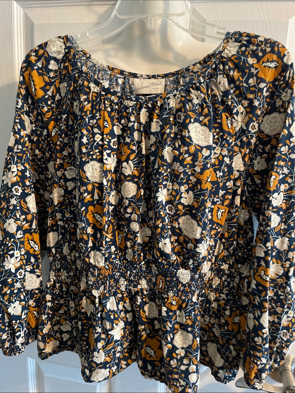 Women’s Universal Thread Navy Floral Blouse with Mustard Accents